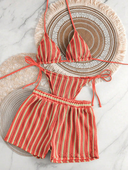 Knit Striped Two-Piece Bikini Three-Piece Set with Boyshort Swim Bottom