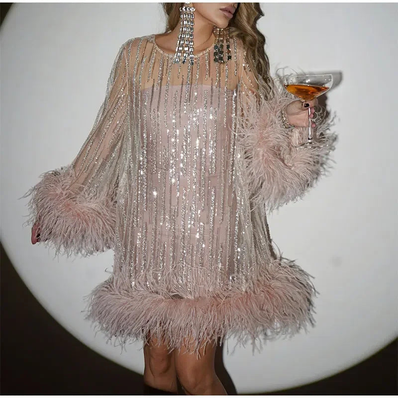 Pink Sequin Party Dress Ostrich Feather Cuffs