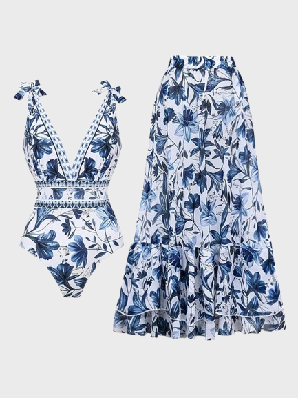 Women's V Neck Floral Print One-Piece Swimsuit Set  Bathing Suits