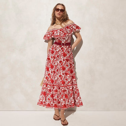 Bandeau Ruffled Red Flower One Piece Swimwear