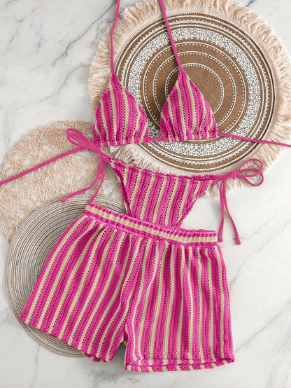Knit Striped Two-Piece Bikini Three-Piece Set with Boyshort Swim Bottom