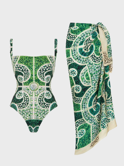 Green printed One Piece Swimwear