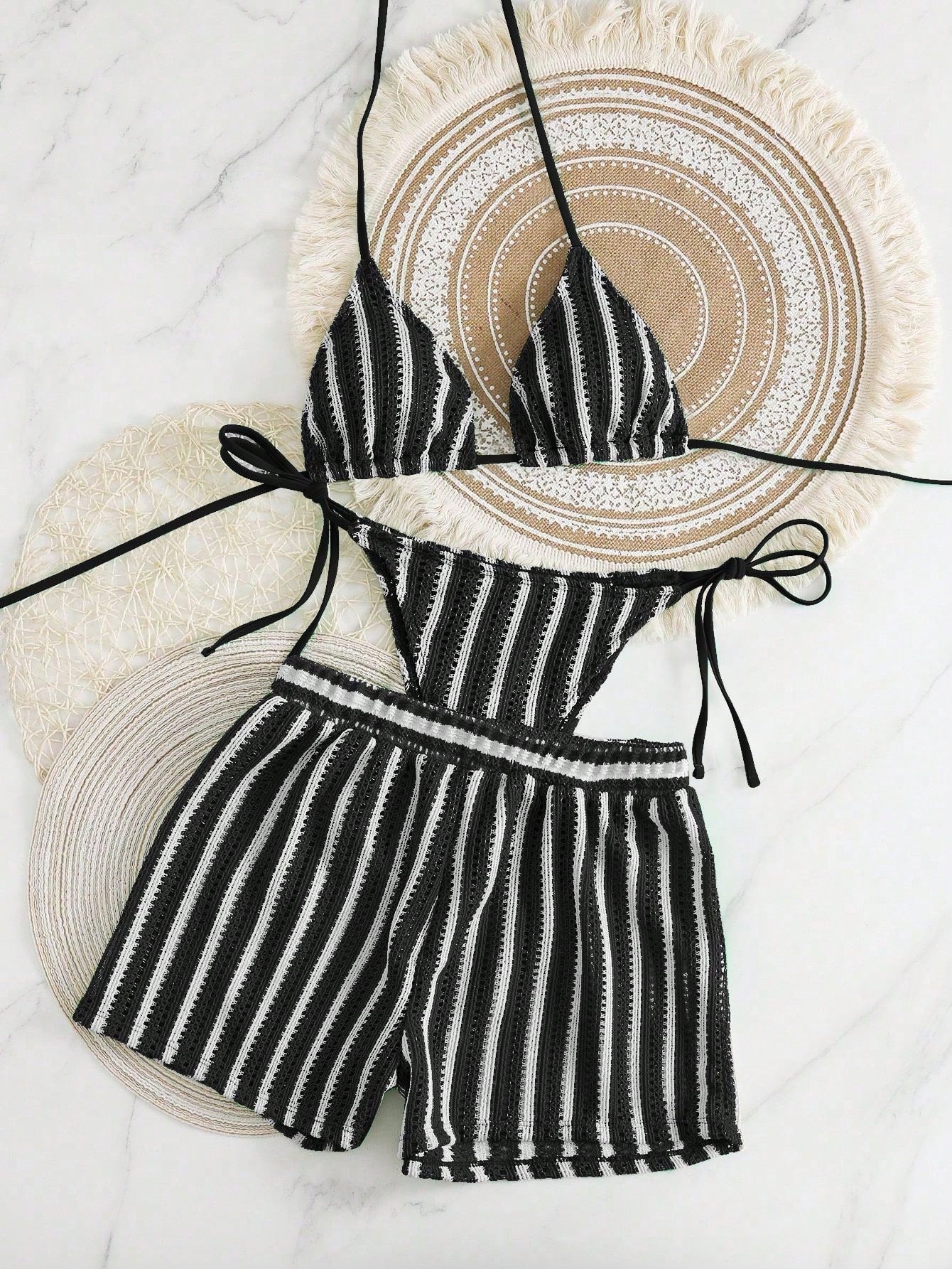 Knit Striped Two-Piece Bikini Three-Piece Set with Boyshort Swim Bottom