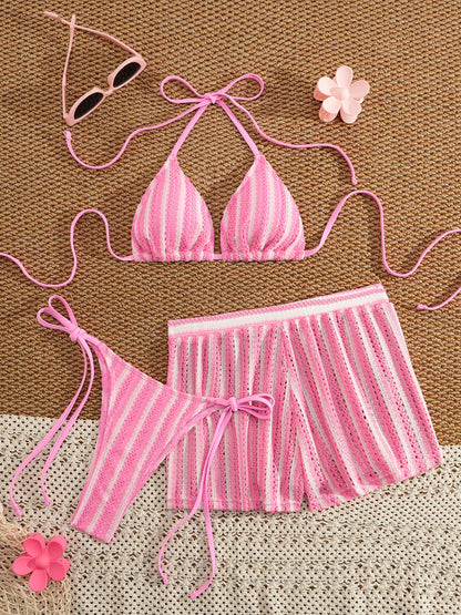 Knit Striped Two-Piece Bikini Three-Piece Set with Boyshort Swim Bottom
