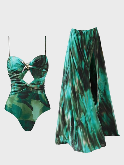 Green Printed Hollow Swimwear