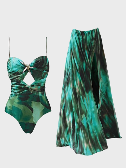 Green Printed Hollow Swimwear