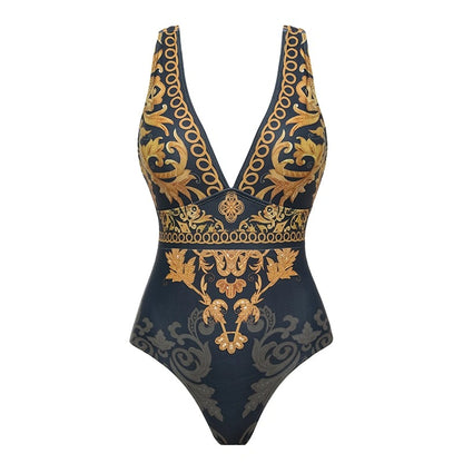V Neck Gold Embroidery Decor One Piece Swimsuit And Skirt