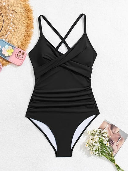 Women's Tummy Control Front Cross Tie Back Slimming V Neck One Piece Swimsuits