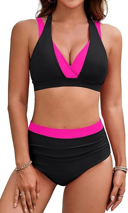 (35% OFF) Women's High Waisted Tummy Control Color Block Modest Two Piece Bikini Sets