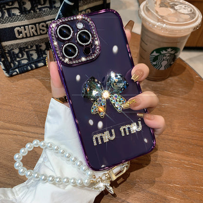 IPhone Case Shinny Bow Rhinestone With Pearl Phone Chain
