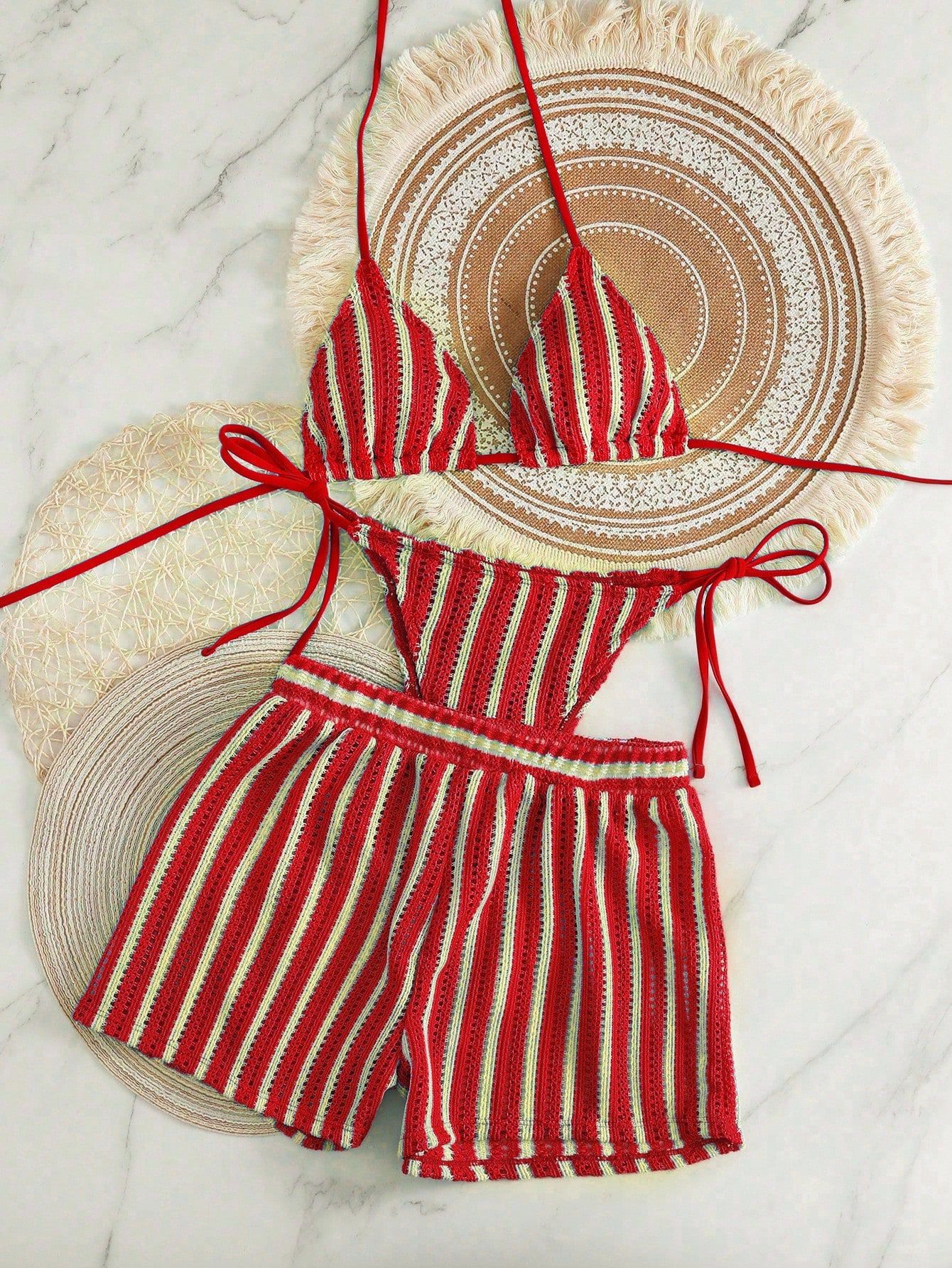 Knit Striped Two-Piece Bikini Three-Piece Set with Boyshort Swim Bottom
