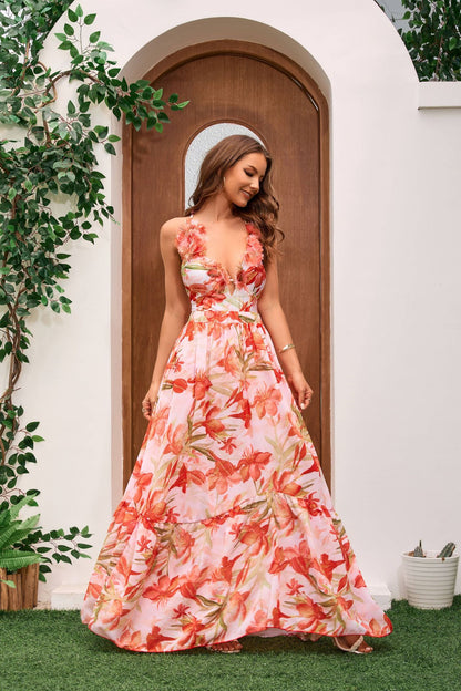 Floral Plunging Flutter Strap Tummy Control One-Piece Swimsuit Set