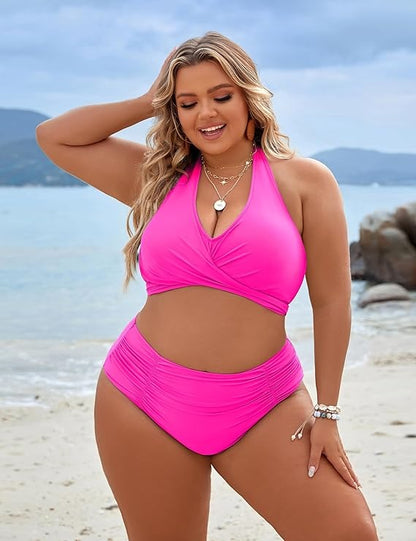 Women's Tummy Control High Waisted Cute Halter Two-Piece Bikini Sets