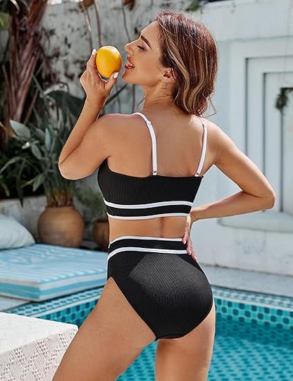Women's Ribbed High Waisted Bikini High Cut Two Piece Swimsuit