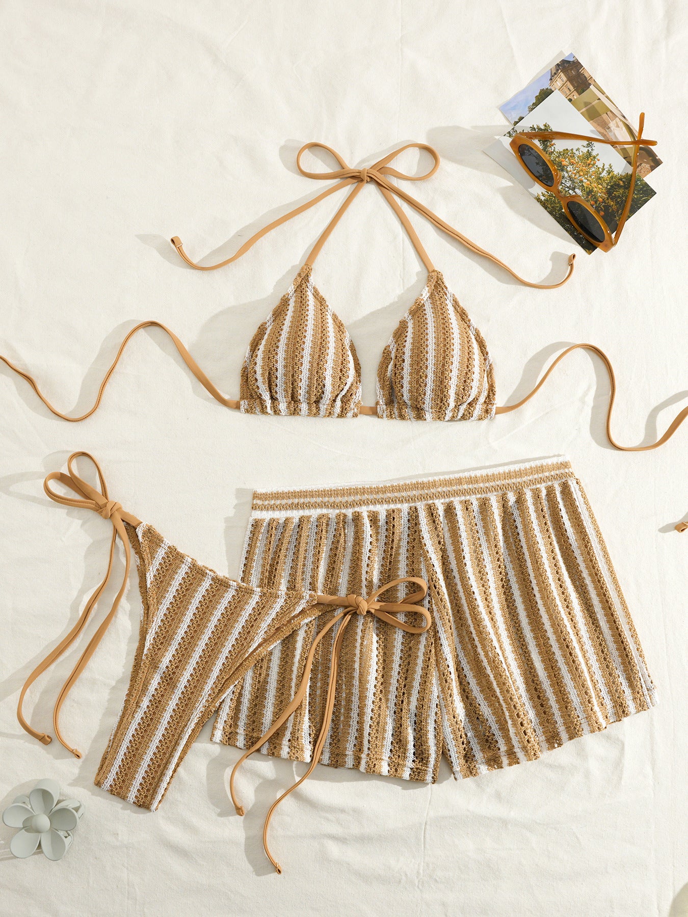 Knit Striped Two-Piece Bikini Three-Piece Set with Boyshort Swim Bottom