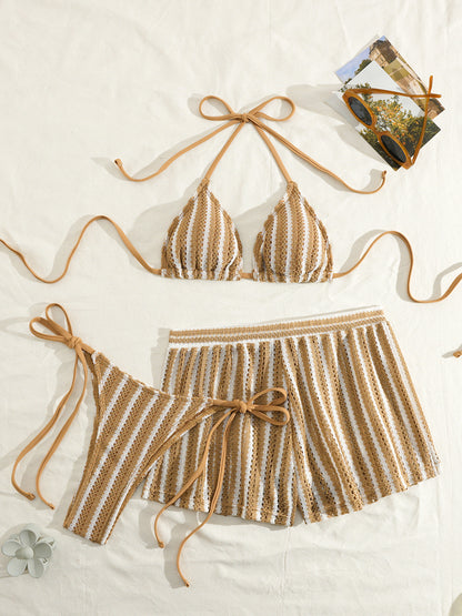 Knit Striped Two-Piece Bikini Three-Piece Set with Boyshort Swim Bottom