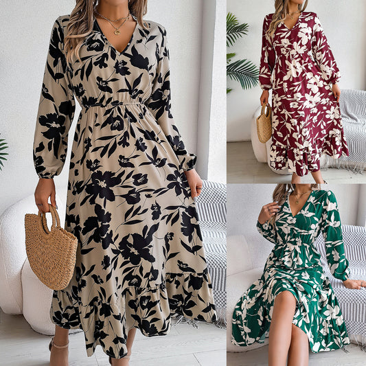 Floral waist long sleeve ruffle dress