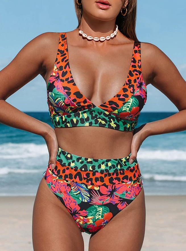 Women's Leopard Bikini Swimsuits V Neck High Waisted 2 Piece Bathing Suits