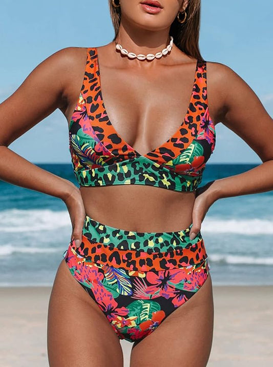 Women's Leopard Bikini Swimsuits V Neck High Waisted 2 Piece Bathing Suits