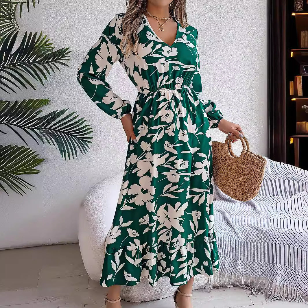 Floral waist long sleeve ruffle dress