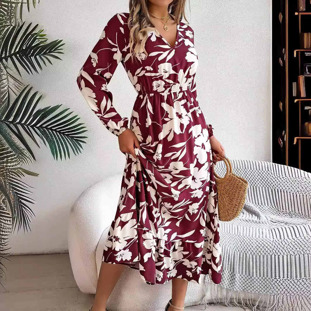 Floral waist long sleeve ruffle dress