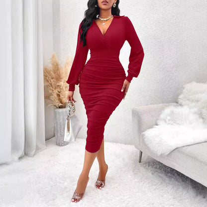 V-neck waist long sleeve hip dress