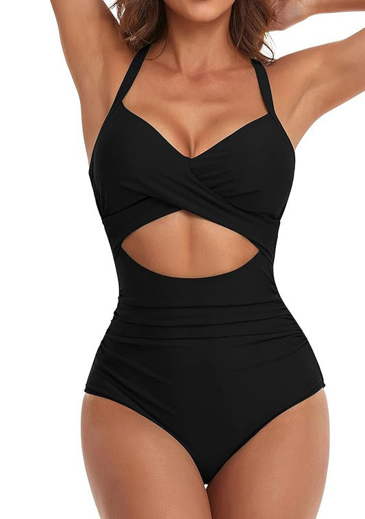 Women's One Piece Swimsuits Tummy Control Cutout High Waisted Bathing Suit Wrap Tie Back 1 Piece Swimsuit