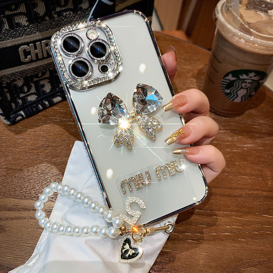 IPhone Case Shinny Bow Rhinestone With Pearl Phone Chain