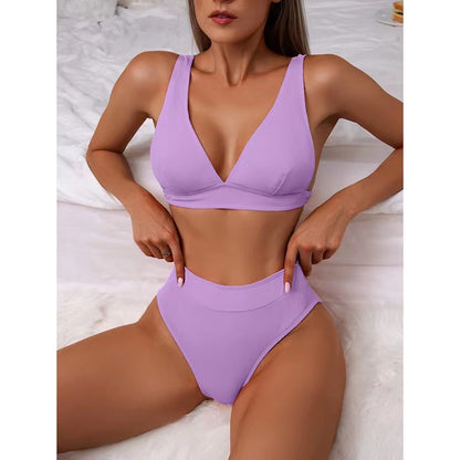Classic V-neck Solid Color Bikini Set