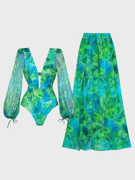 Long-sleeved Jungle Green Print One Piece Swimsuit
