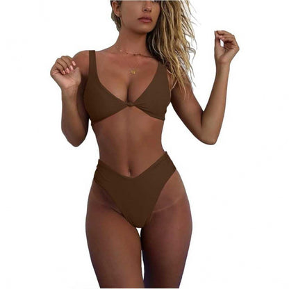 Bikini Set for Women Solid V Neck Knot Front Push Up High Leg Thong Two Piece Swimsuit
