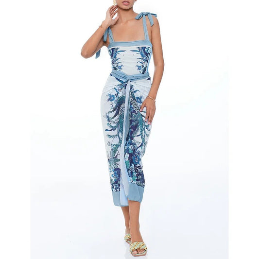 Reversible Tie-shoulder One Piece Swimsuit and Sarong/Skirt