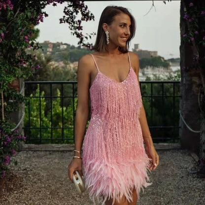 Feather V-Neck Dress for Travel & Parties