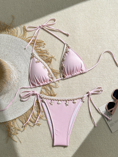 Shell-decorated triangle cup lace-up bikini