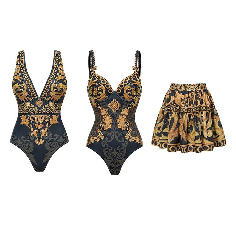 V Neck Gold Embroidery Decor One Piece Swimsuit And Skirt
