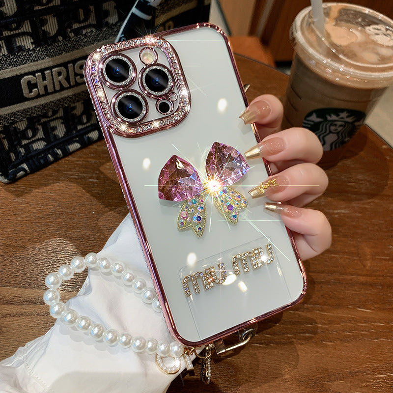 IPhone Case Shinny Bow Rhinestone With Pearl Phone Chain