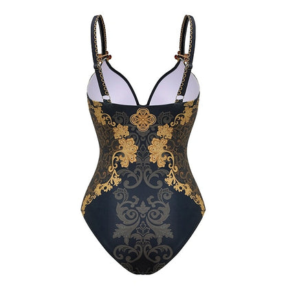 V Neck Gold Embroidery Decor One Piece Swimsuit And Skirt