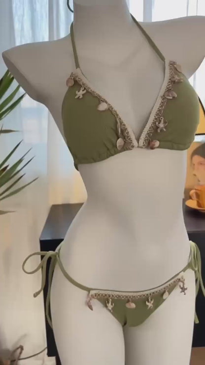 Shell-decorated triangle cup lace-up bikini