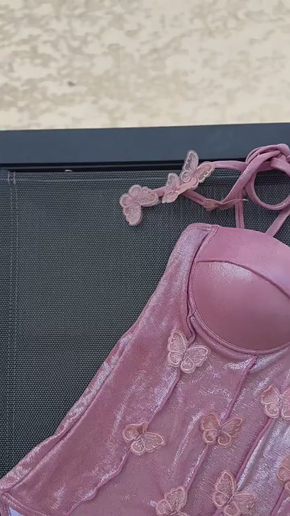Pink Butterfly Shiny One-Piece Swimsuit Beach Set