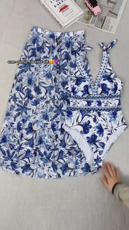 Women's V Neck Floral Print One-Piece Swimsuit Set  Bathing Suits