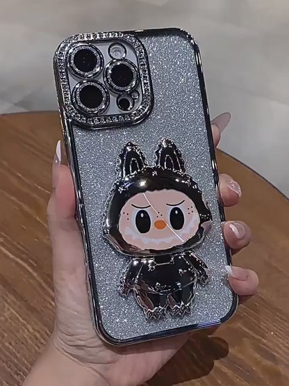 iPhone Cases, Glitter Full Cover Silicone, with Labububu Mirror Stand